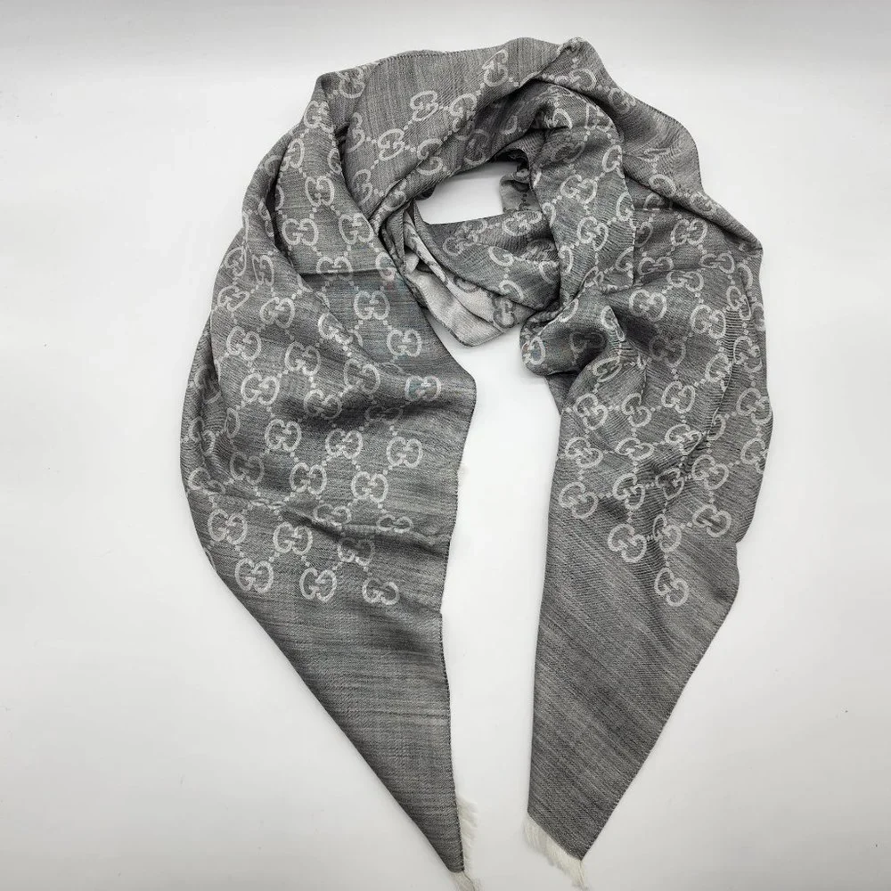 Gucci Wool Silk Monogram Fringe Scarf/Shawl | Gray | NEW
